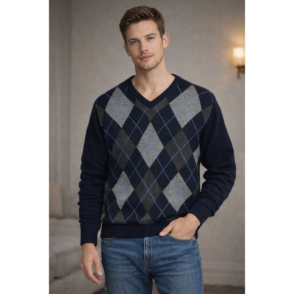 Koman Jeans Mens Argyle Sweater V-Neck Navy Gray Preppy‎ Academia Sz M